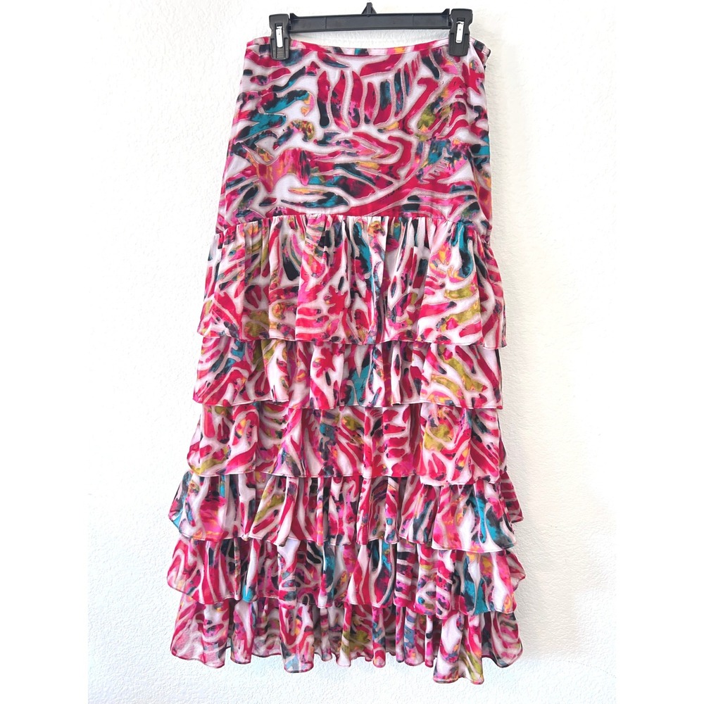 Tunique Boho Layered Frill Skirt - Pink & Blue Artistic Print - Festival Wear M‎